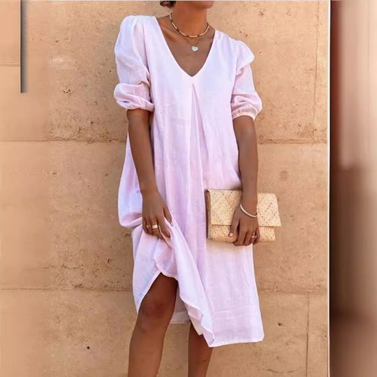 Damen lässiges Leinenkleid mit V-Ausschnitt und Puffärmeln R&B