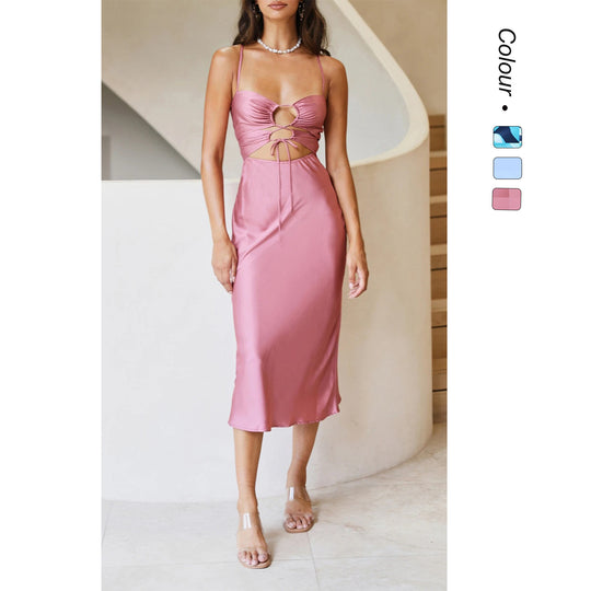 Damen Midi-Kleid mit aufregendem Schlüssellochausschnitt und fließendem Satin-Material R&B