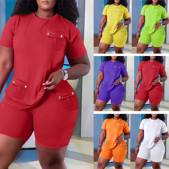 Damen Sportliches Oberteil und Shorts Set mit praktischen Taschen R&B