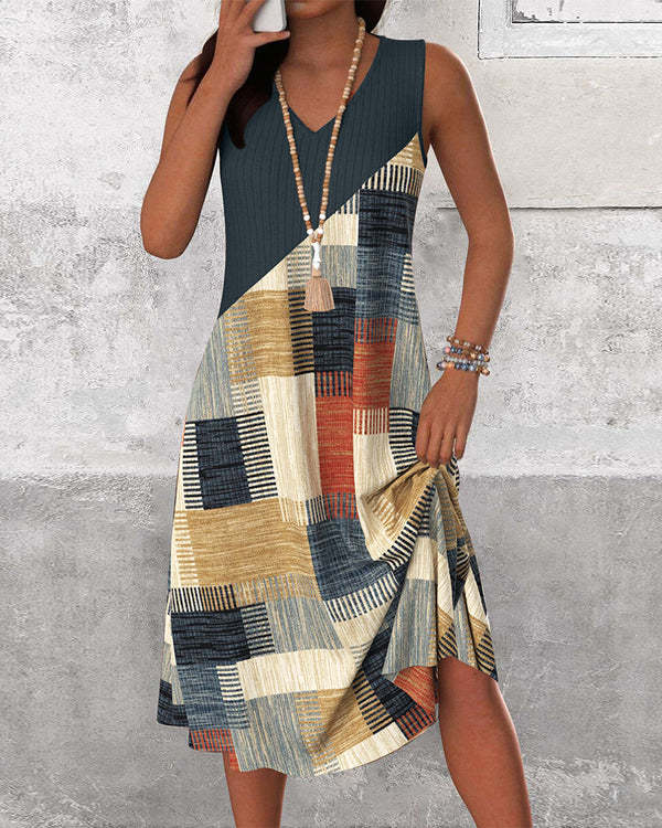 Damen nan ärmelloses V-Ausschnitt Midikleid mit diagonalem Patchworkmuster und geripptem Oberteil R&B