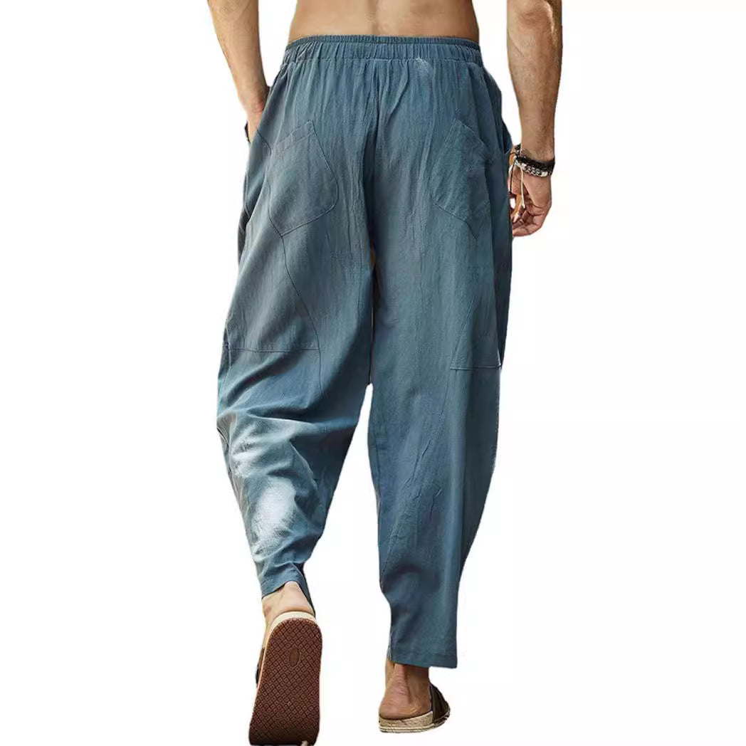 Herren nan lässige Leinenharemshose mit elastischem Bund und seitlichen Eingrifftaschen R&B