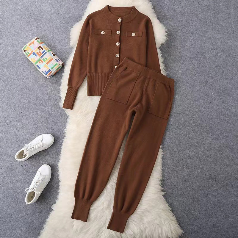 Damen elegantes Strickanzug-Set mit Knopfdétails R&B
