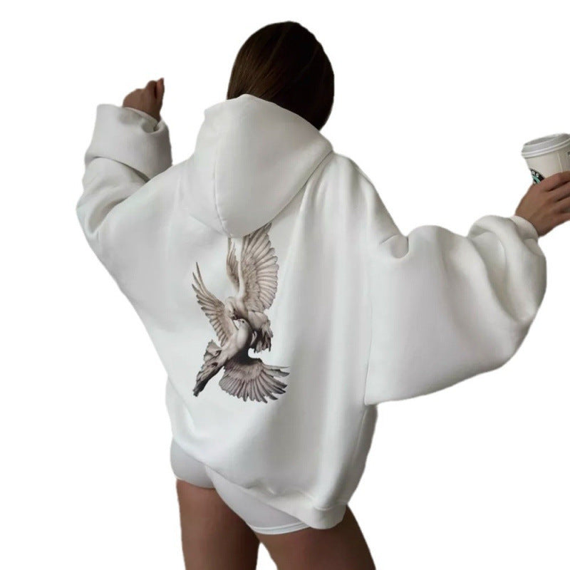Damen Kapuzensweater mit kunstvollem Vogelmotiv und entspannter Passform