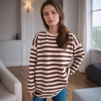 Damen lässiger Oversize-Pullover mit breiten Streifen R&B