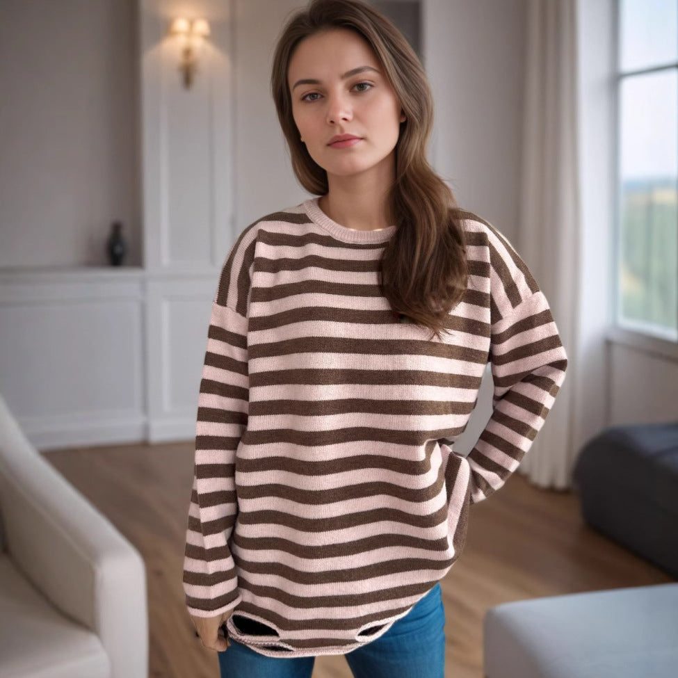 Damen lässiger Oversize-Pullover mit breiten Streifen R&B