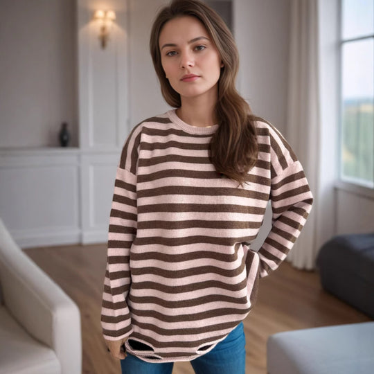Damen lässiger Oversize-Pullover mit breiten Streifen R&B