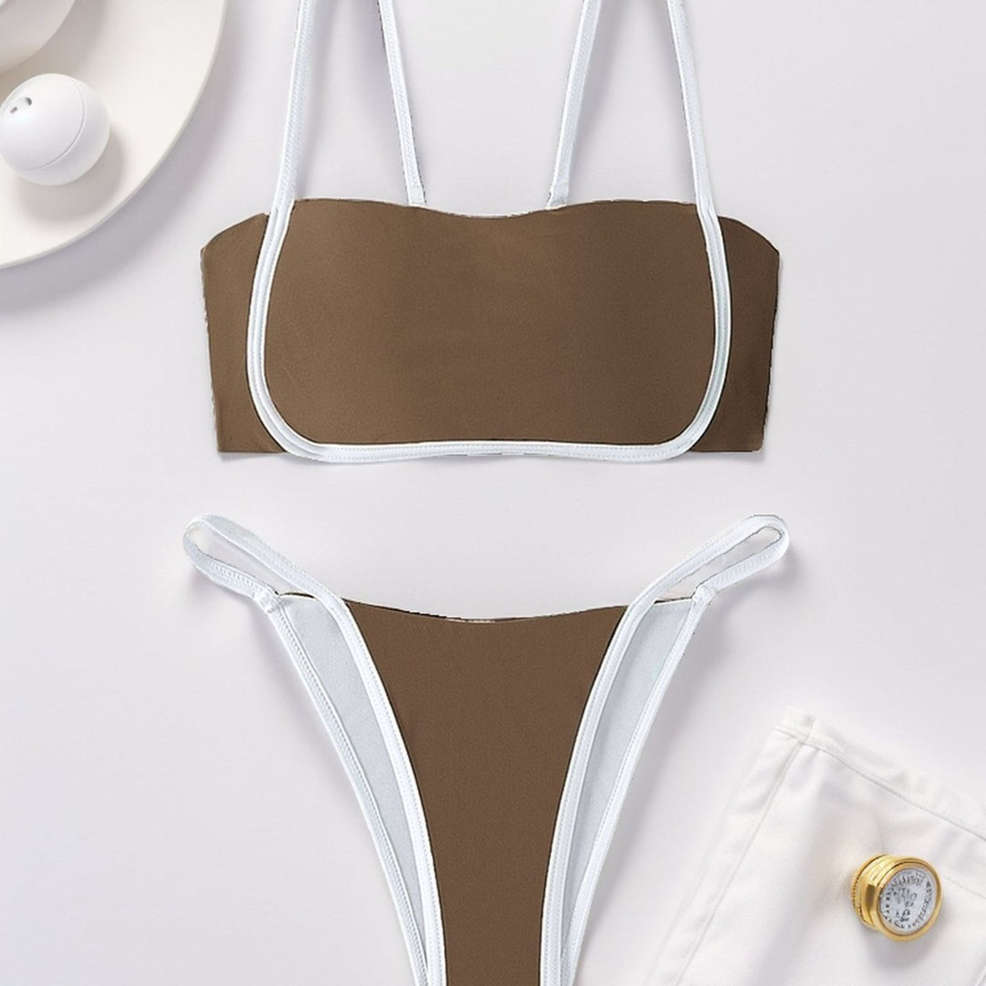 Damen Bandeau Bikini mit hohem Beinausschnitt und verstellbaren Trägern R&B
