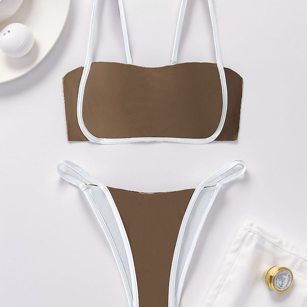 Damen Bandeau Bikini mit hohem Beinausschnitt und verstellbaren Trägern R&B