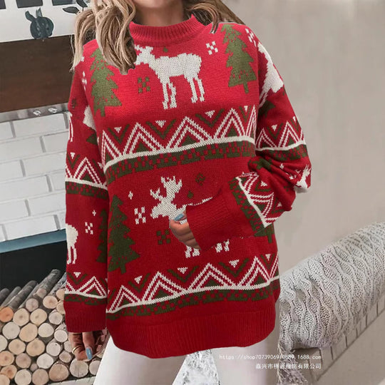 Damen Gemütlicher Weihnachts-Pullover mit festlichem Motiv und hoher Passform R&B