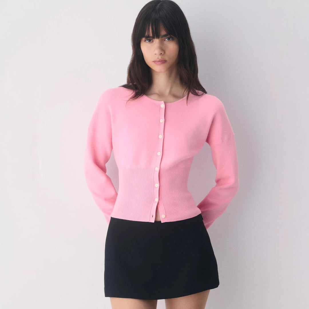 Damen Cropped Strickjacke mit Knopfleiste und Rippstrick R&B