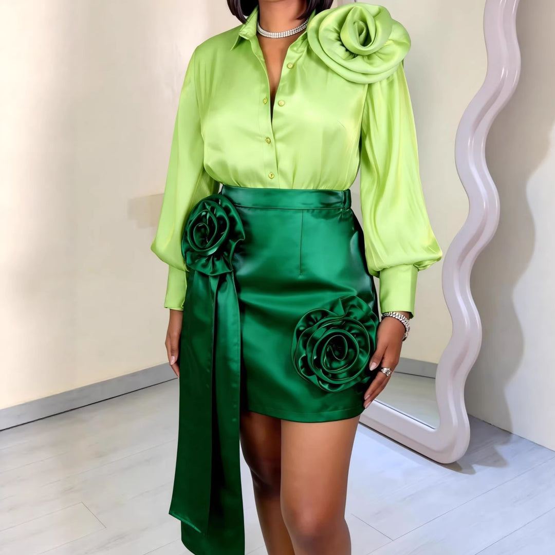 Damen Satinrock mit floralem Rüschen-Design und taillierter Schleife R&B