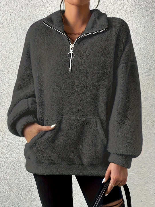 Damen kuscheliger Fleece-Pullover mit halbem Reißverschluss und Seitentaschen R&B
