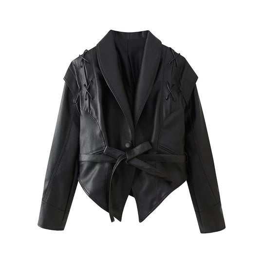Damen modische Kunstlederjacke mit stilvollem Gürteldetail und elegantem Design R&B