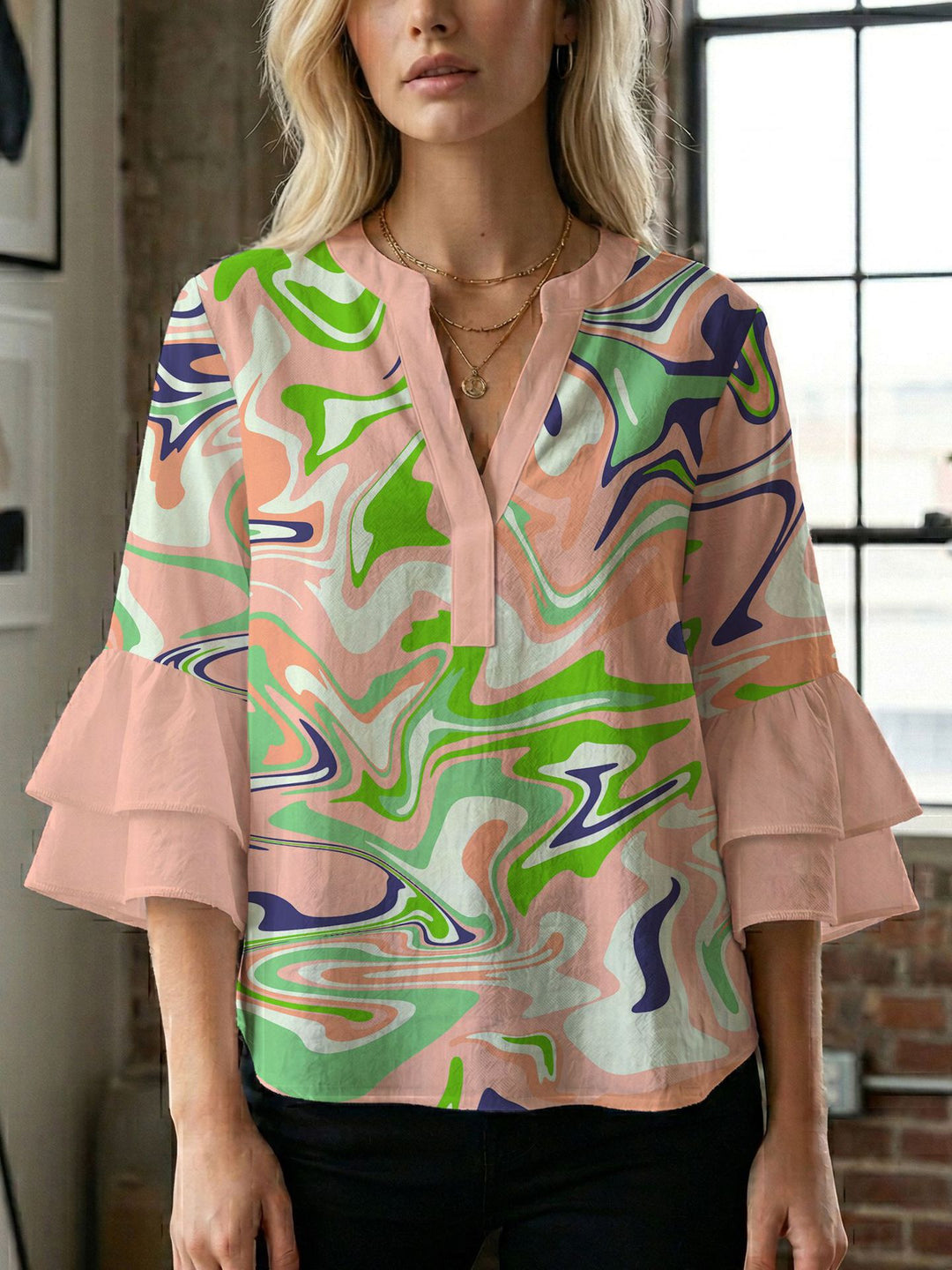 Damen Blusenshirt mit voluminösen Ärmeln und kreativem Druckdesign R&B