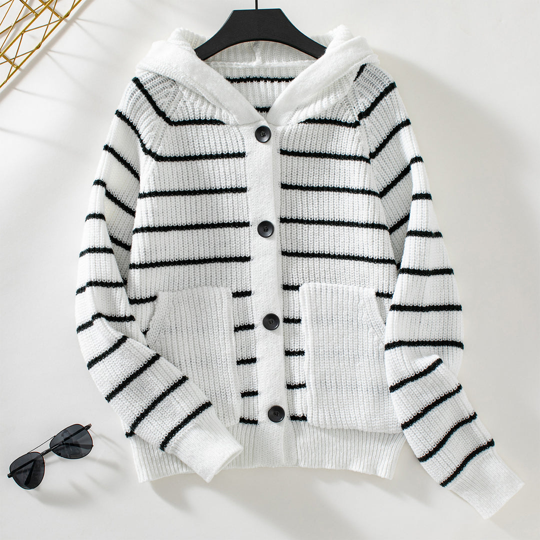 Damen gestreifte Strickjacke mit Kapuze und Taschen R&B