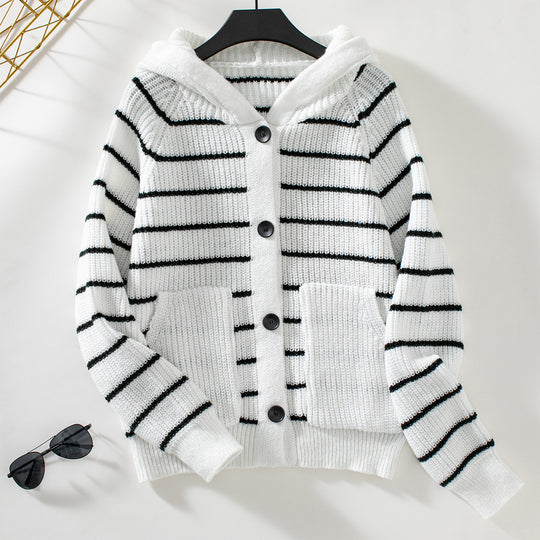 Damen gestreifte Strickjacke mit Kapuze und Taschen R&B