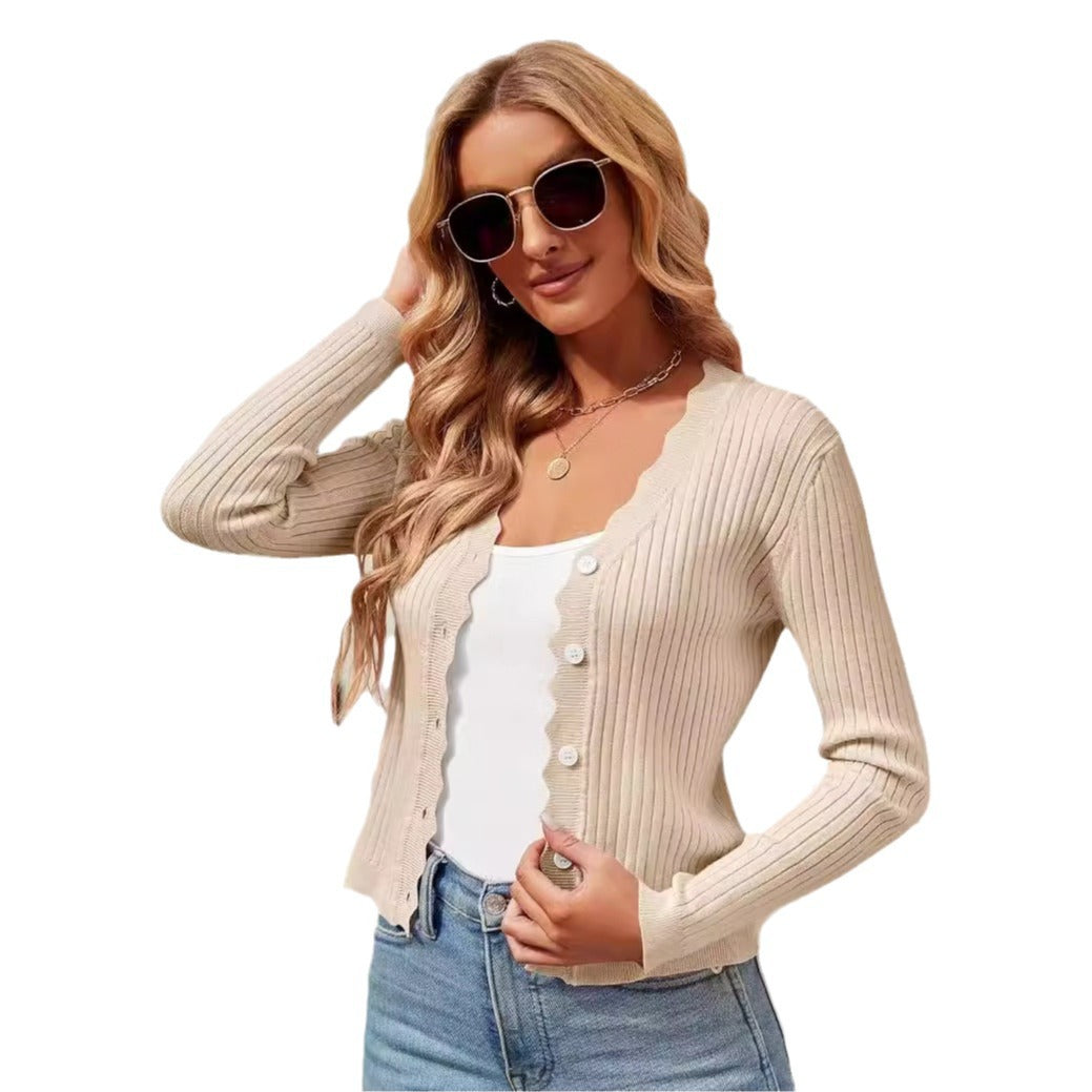 Damen elegante Strickjacke mit Wellenkante R&B