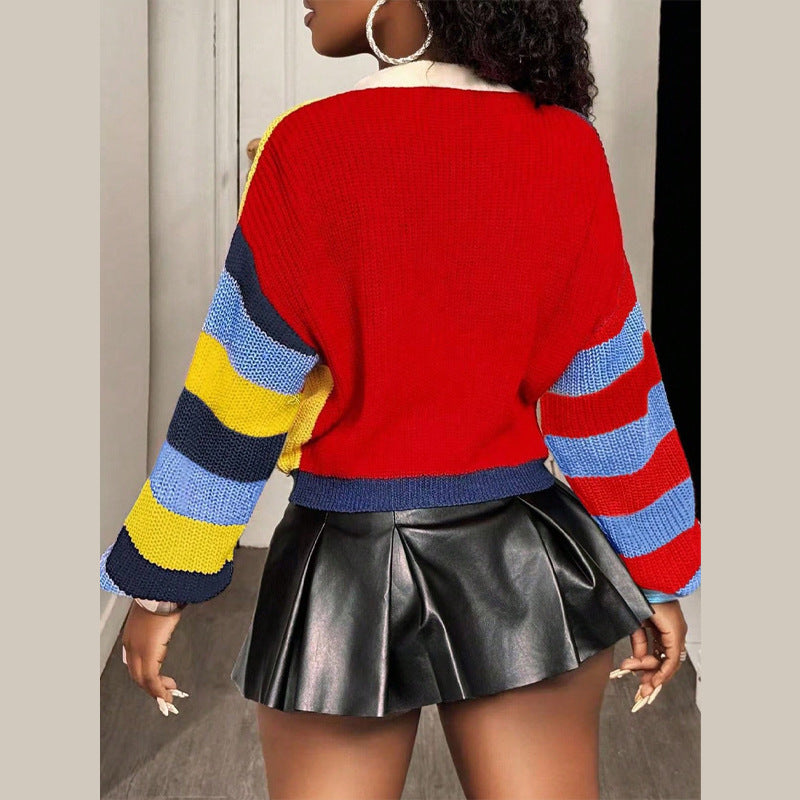 Damen Modische Strickjacke mit auffälligem Streifenmuster und farbigen Akzenten R&B