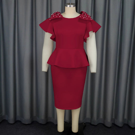 Damen elegantes Kleid mit voluminösen Rüschensäumen und charmanten Perlenakzenten R&B