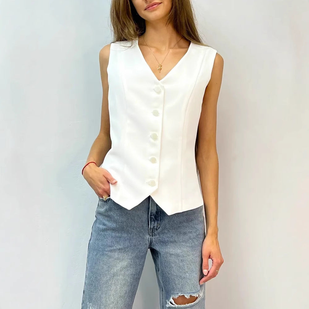 Damen ärmellose Bluse mit Knopfleiste R&B