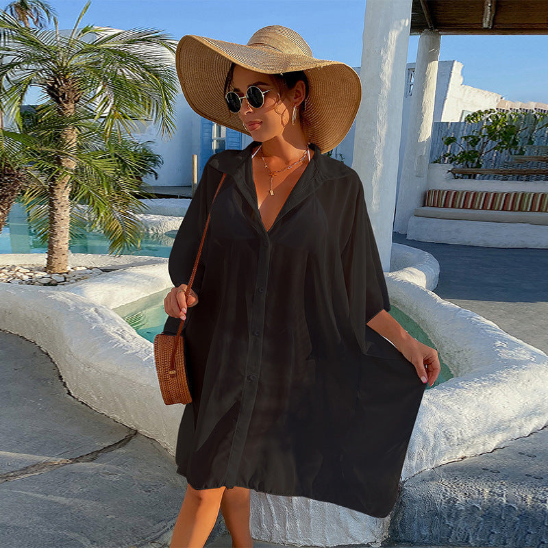 Damen Strandhemd mit transparentem Stoff und klassischem Hemdkragen Heidi Mode