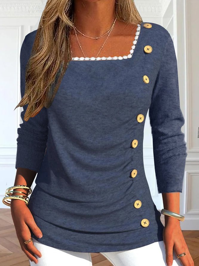 Damen Langarmshirt mit quadratischem Ausschnitt und dekorativen Knopfdetails R&B