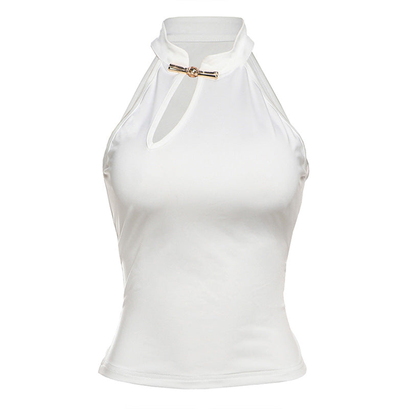 Damen modernes Hochkragen Top mit elegantem Schlitz und goldener Akzent R&B