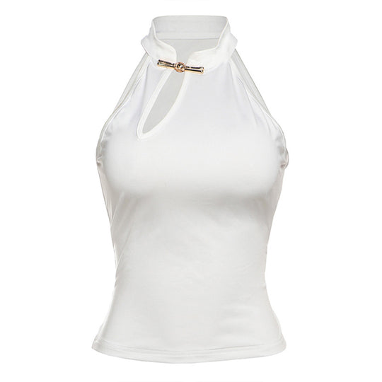 Damen modernes Hochkragen Top mit elegantem Schlitz und goldener Akzent R&B