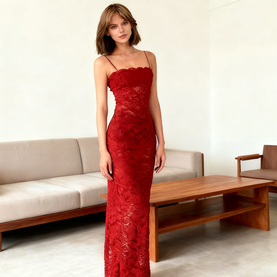 Damen Elegantes langes Spitzenkleid mit gerafftem Detail und schmalen Trägern R&B