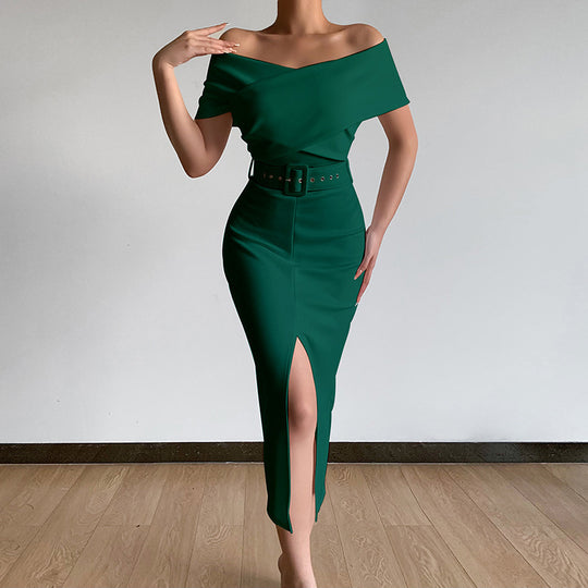 Damen Etuikleid mit schulterfreiem Design und hohem Schlitz R&B