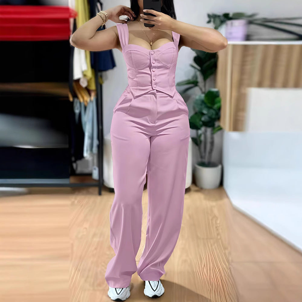 Damen Figurbetonter Jumpsuit mit tailliertem Schnitt und Knopfleiste R&B