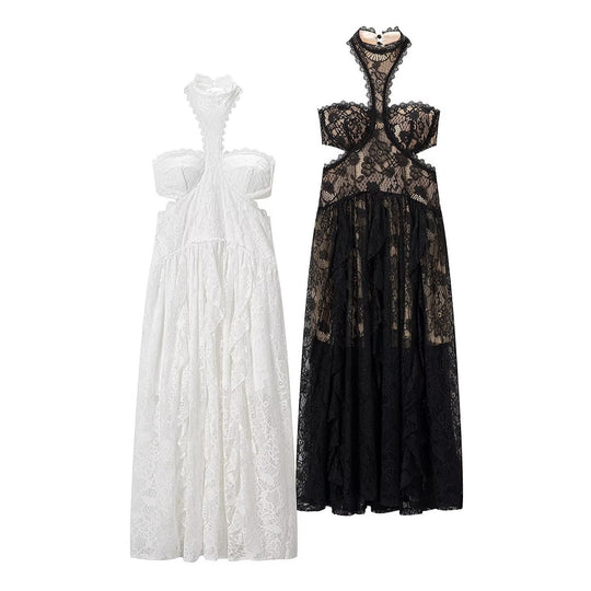 Damen Spitzenmaxikleid mit raffinierten Rüschendetails und elegantem Halterneck R&B