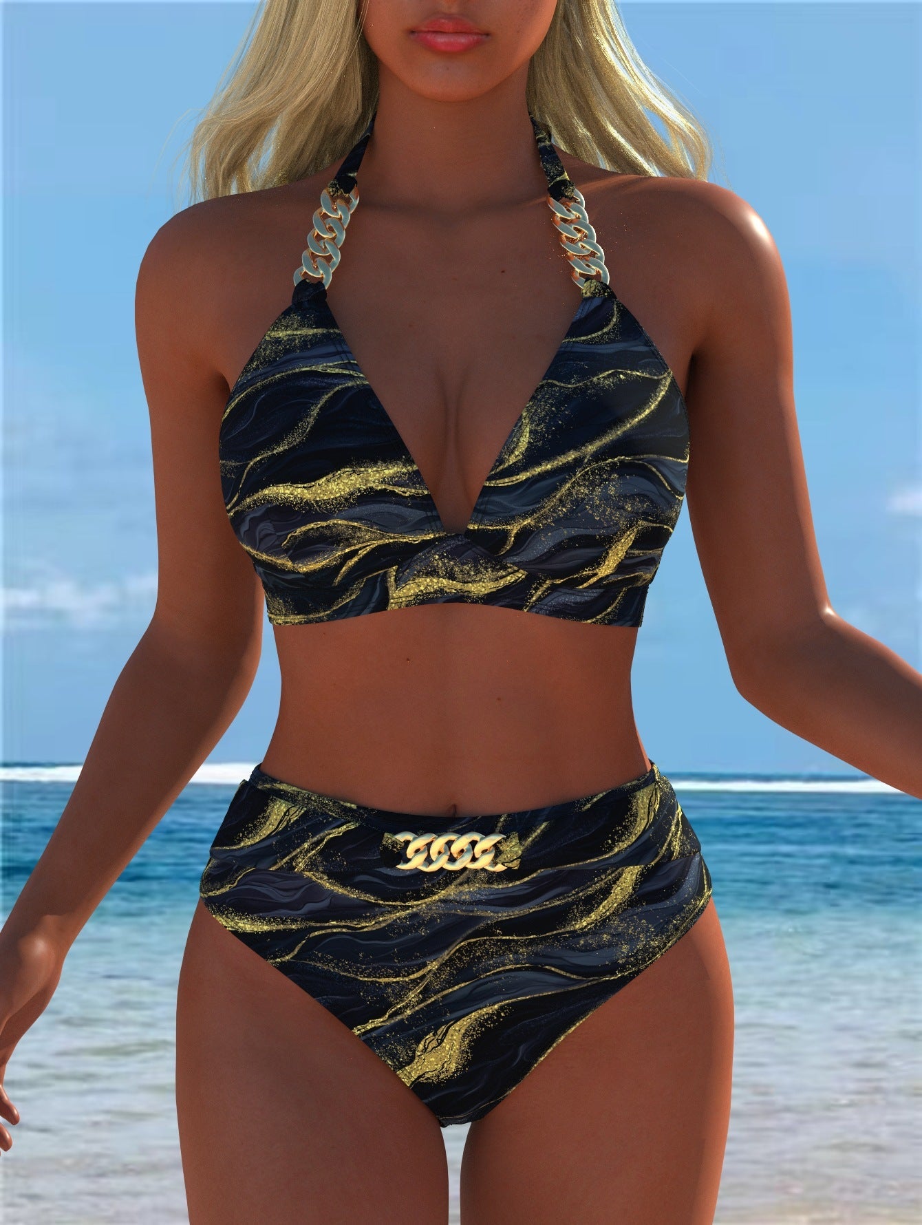 Damen Bikini mit luxuriösem Marmormuster und edlen Details R&B