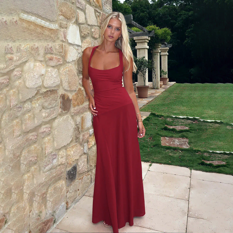 Damen elegantes Maxikleid mit verführerischem Ausschnitt und fließendem Rock R&B