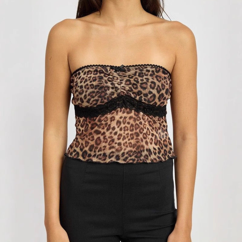 Damen Bandeau-Top mit trendigem Leopardenmuster und zarter Spitzenkante R&B