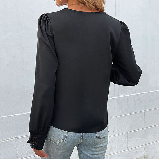 Damen elegant geschnittene Bluse mit Spitzenverzierungen und Volantärmeln R&B