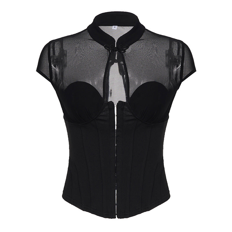 Damen Corsage-Oberteil mit Mesh-Einsätzen und feinen Rüschendetails R&B