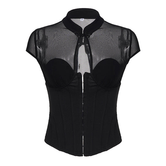 Damen Corsage-Oberteil mit Mesh-Einsätzen und feinen Rüschendetails R&B