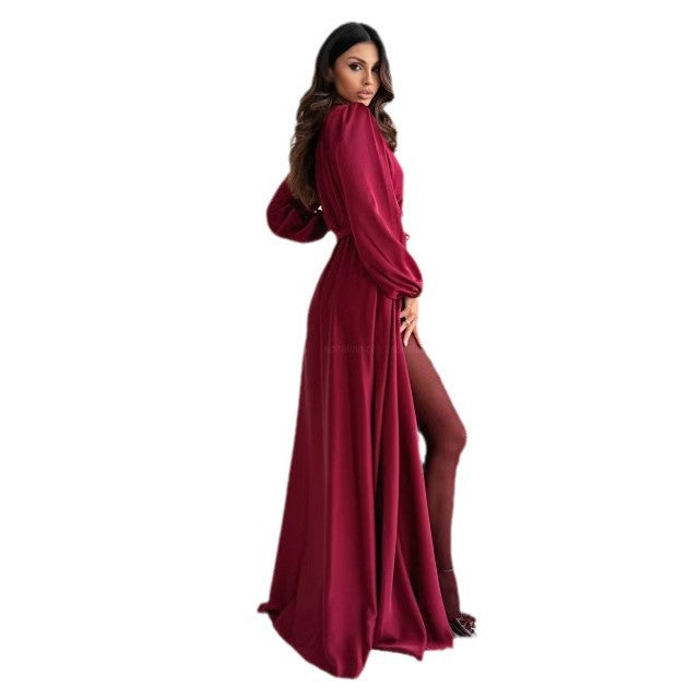 Damen elegantes Maxikleid mit schlanker Silhouette und tailliertem Gürtel R&B