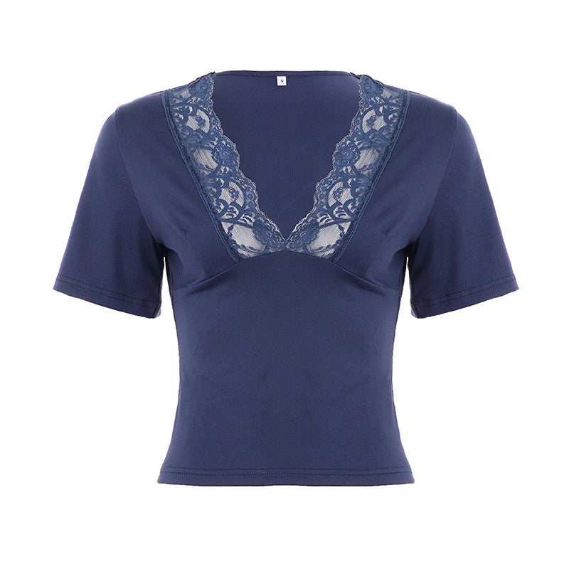 Damen elegantes Oberteil mit spitzen V-Ausschnitt und kurzen Ärmeln R&B