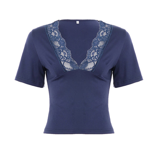 Damen elegantes Oberteil mit spitzen V-Ausschnitt und kurzen Ärmeln R&B