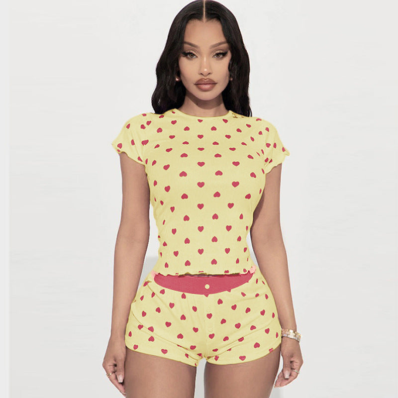 Damen Pyjama Set mit herzförmigem Muster und elastischem Bund R&B