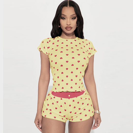 Damen Pyjama Set mit herzförmigem Muster und elastischem Bund R&B