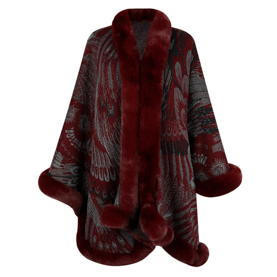 Damen luxuriöser Poncho mit dekorativem Fleece-Wärmeschutz R&B