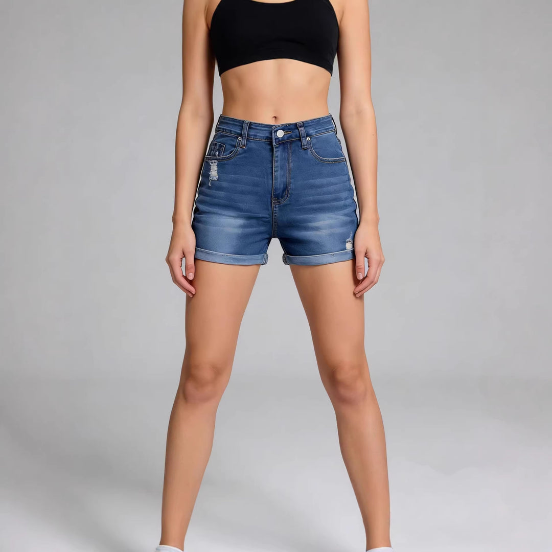 Damen High-Waist Denim-Shorts mit lässigem Schnitt und modernen Destroyed-Details R&B