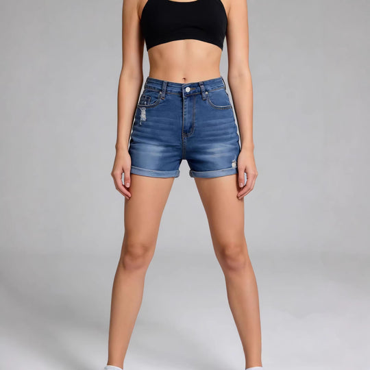 Damen High-Waist Denim-Shorts mit lässigem Schnitt und modernen Destroyed-Details R&B