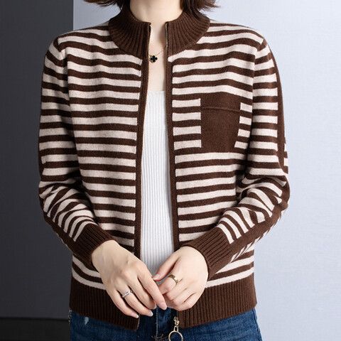 Damen Strickjacke mit Stehkragen und Reißverschluss R&B