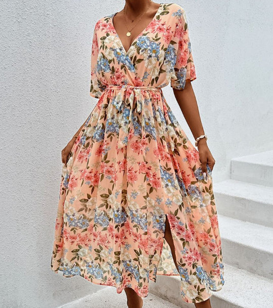 Damen nan florales V-Ausschnitt-Bindekleid mit tailliertem Gürtel und seitlichem Beinschlitz R&B