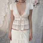 Damen Spitzenbluse mit Rüschendetails und tiefem V-Ausschnitt R&B