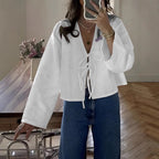 Damen cropped Bluse mit BindR&Band und lockerer Passform R&B